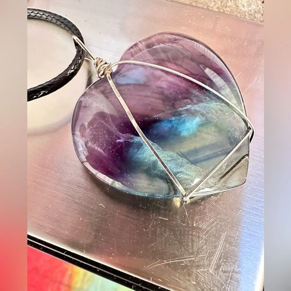 Artisan Handcrafted RAINBOW Fluorite Heart Pendant Necklace Tanzanite 5518 G